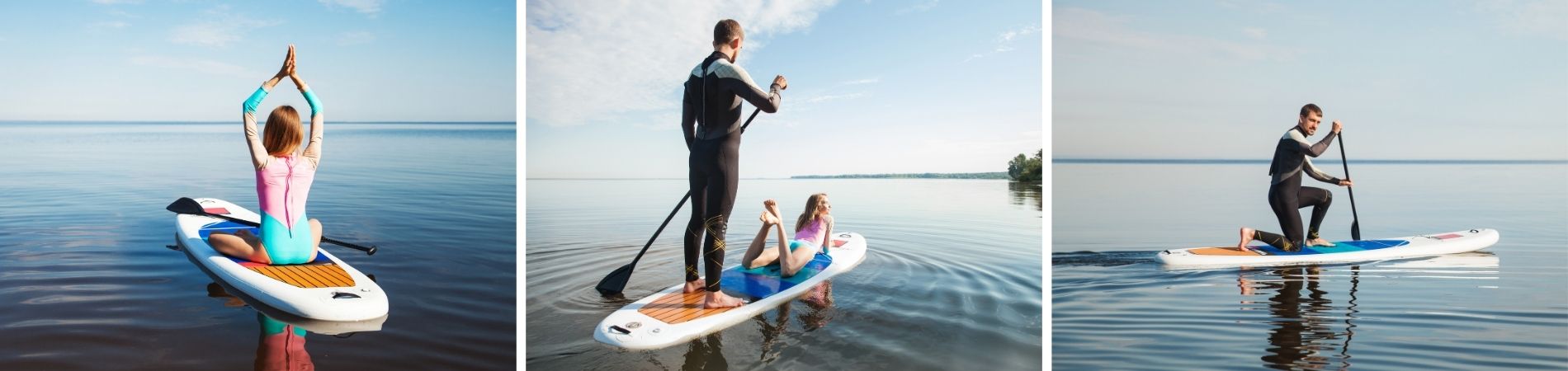 Zwei Personen nutzen Stand-up-Paddle-Boards auf ruhigem Wasser und führen unterschiedliche Balanceübungen aus.